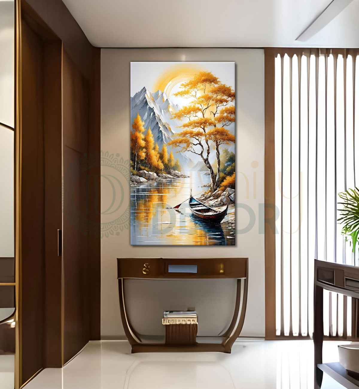 Yellow textured tree with lake in textured natural art Canvas Painting - Nature Art -V-32