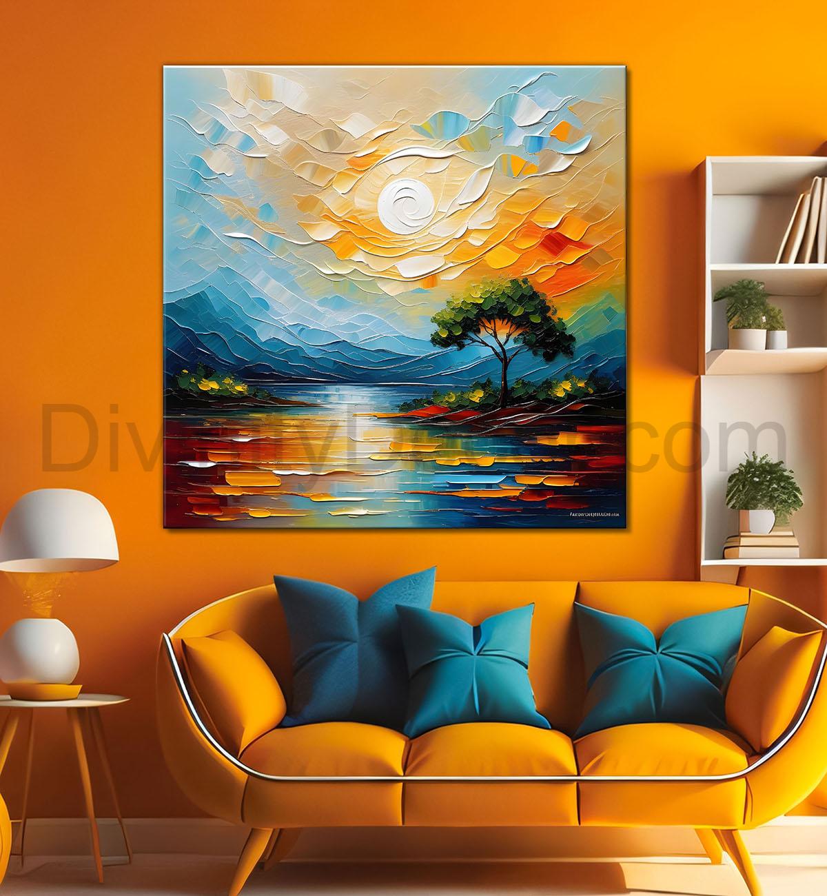 Mountains with sun and lake textuerd natural painting Canvas Painting 24X24 - Nature Art -S-32