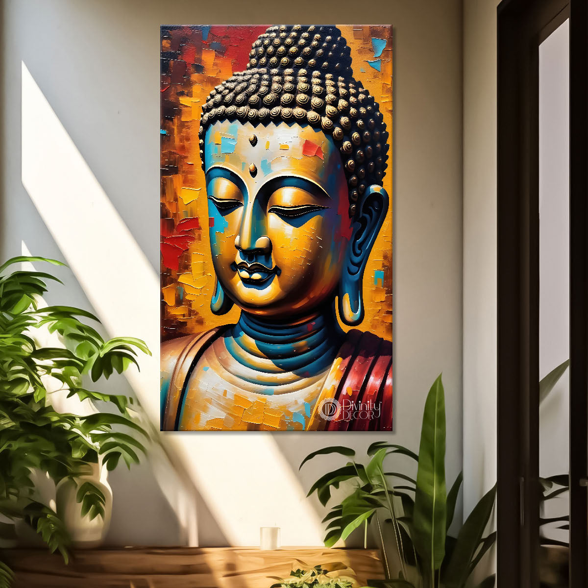 Golden buddha face with colourful background textured painting - Buddha-V-32