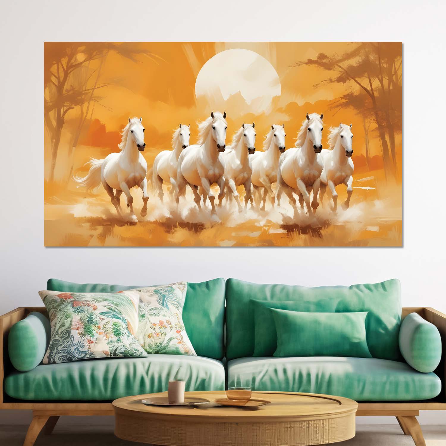 White running horses with trees and sunrise in yellow textured background art Canvas Painting - Design - Horse-32