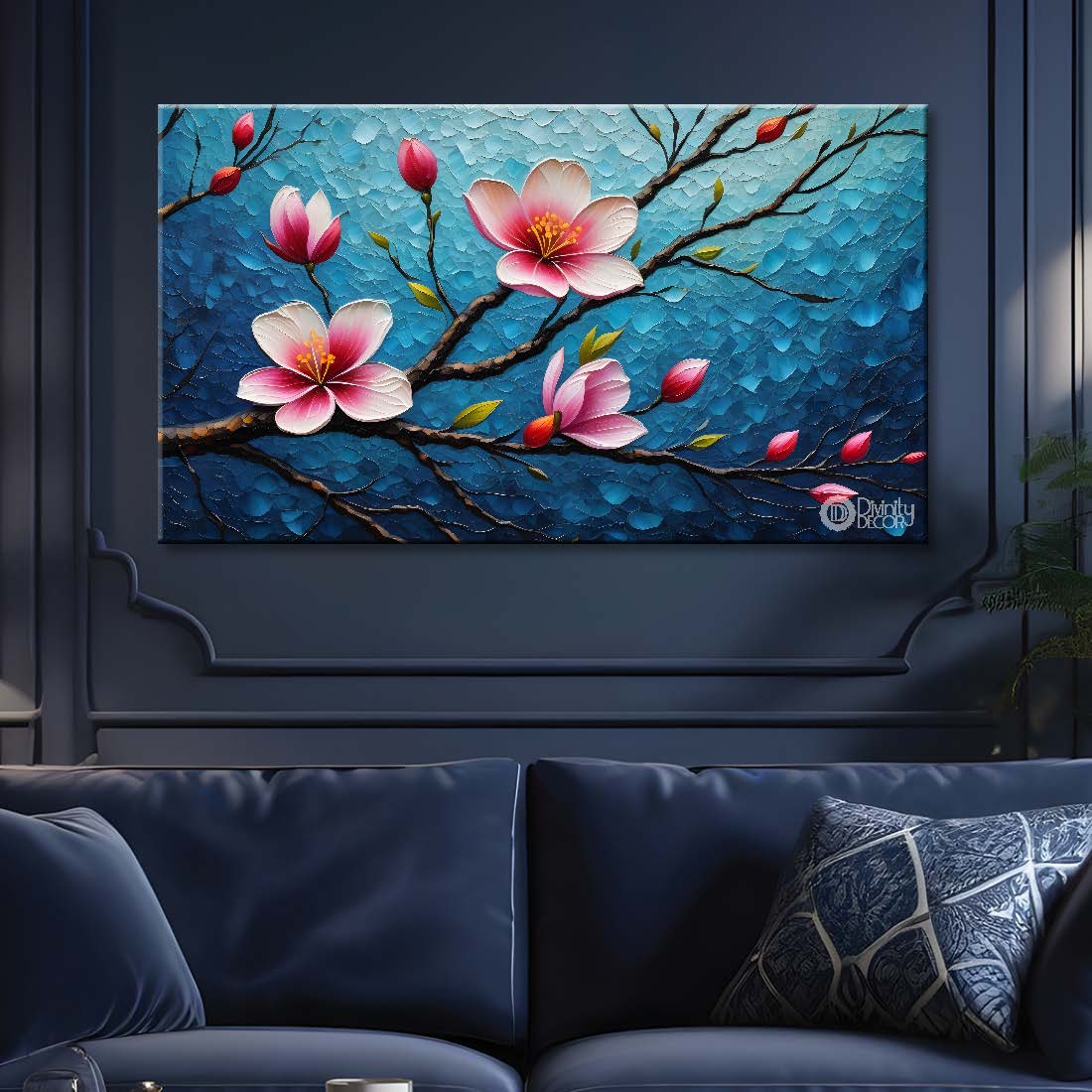 Pink flowers with blue textured painting- Design - Flower-32