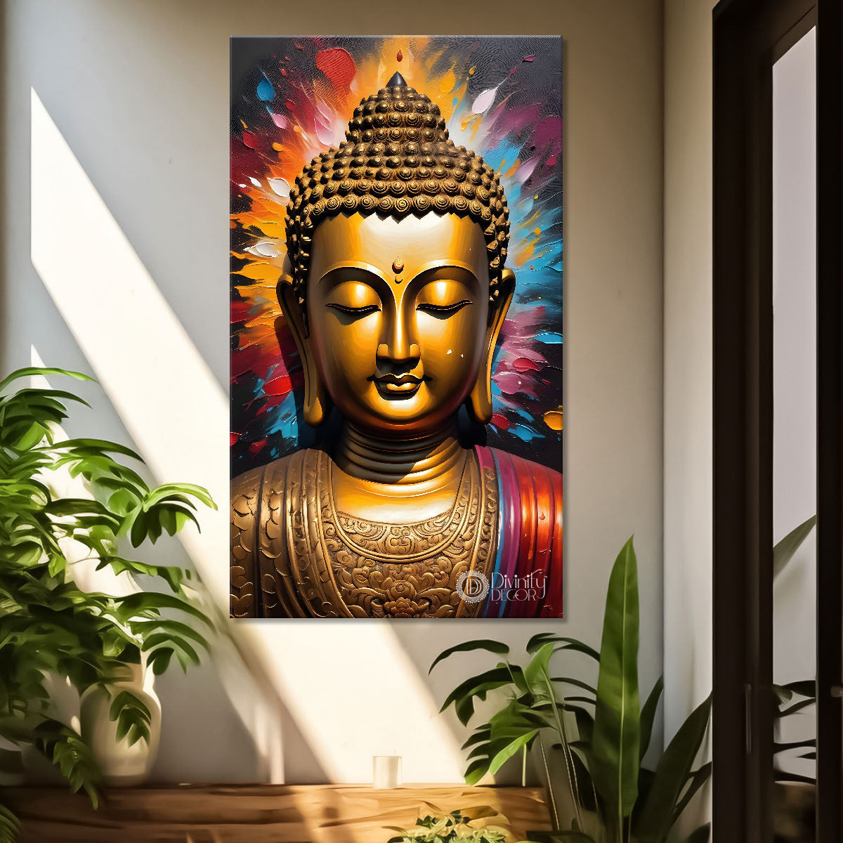 Golden buddha face with colourful background textured painting - Buddha-V-33