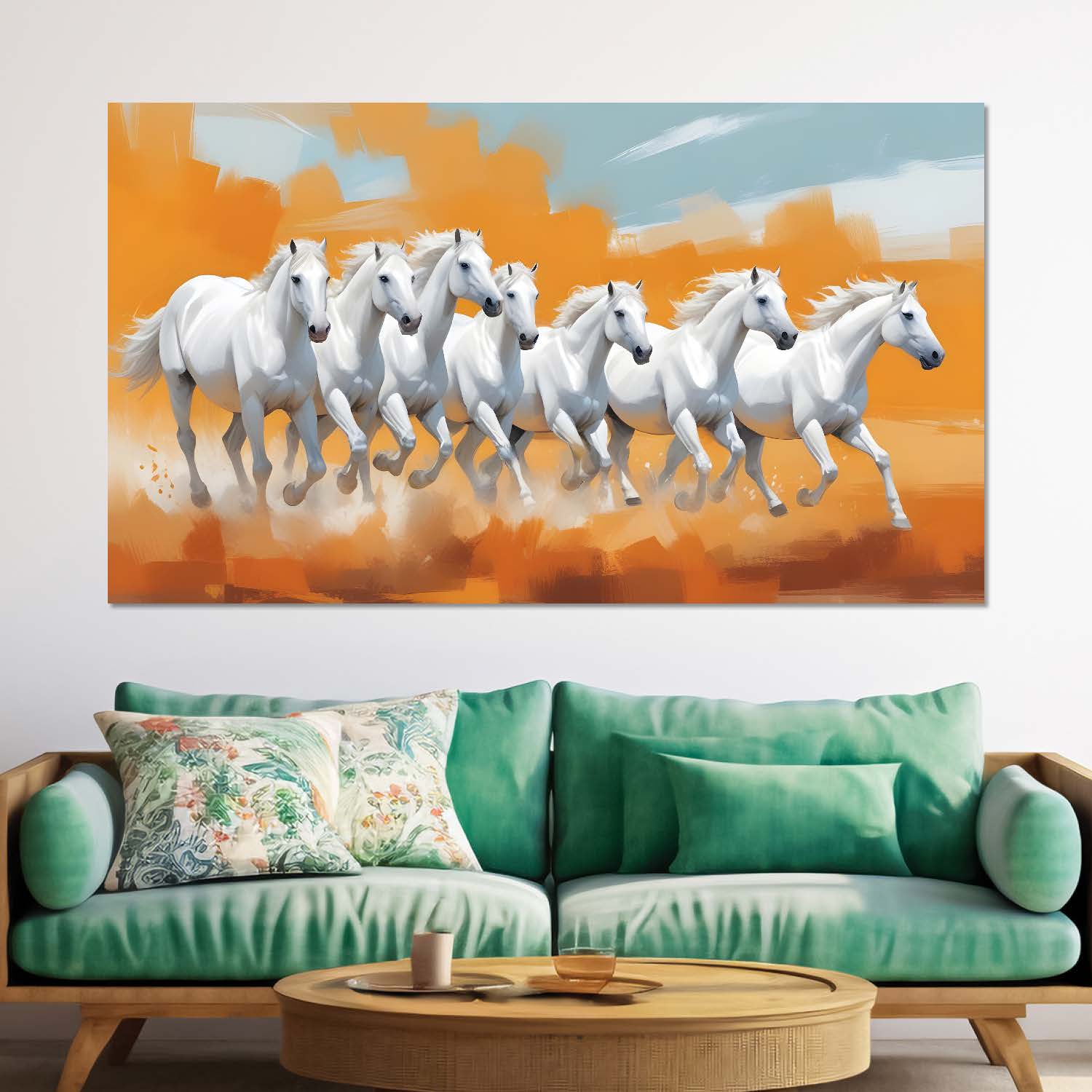 White running horses in yellow textured background art Canvas Painting - Design - Horse-33