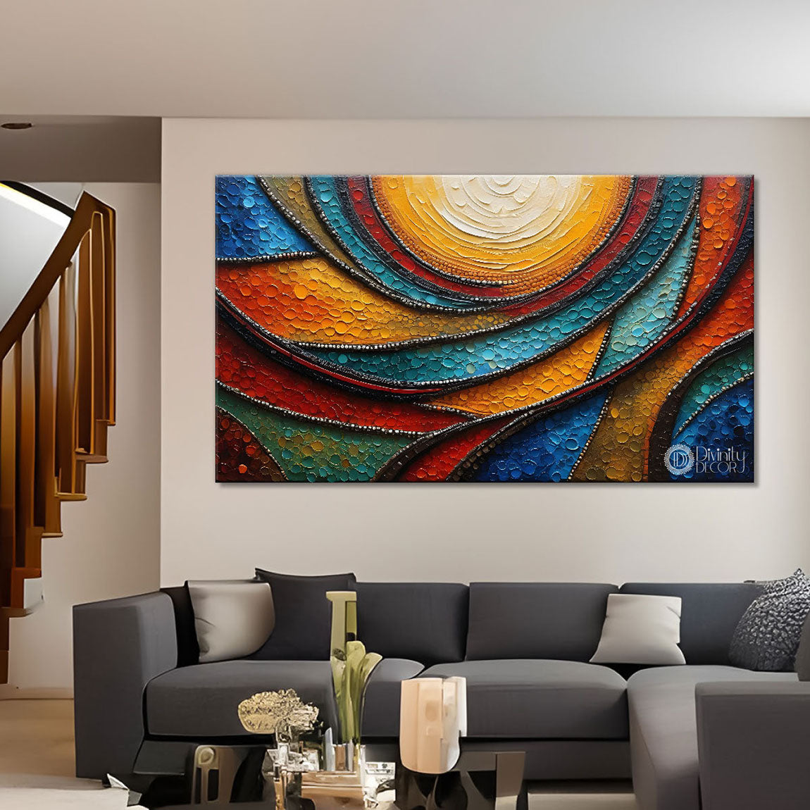 Colorful waves with Sun textured art Canvas Painting - Design - Modern-L-33