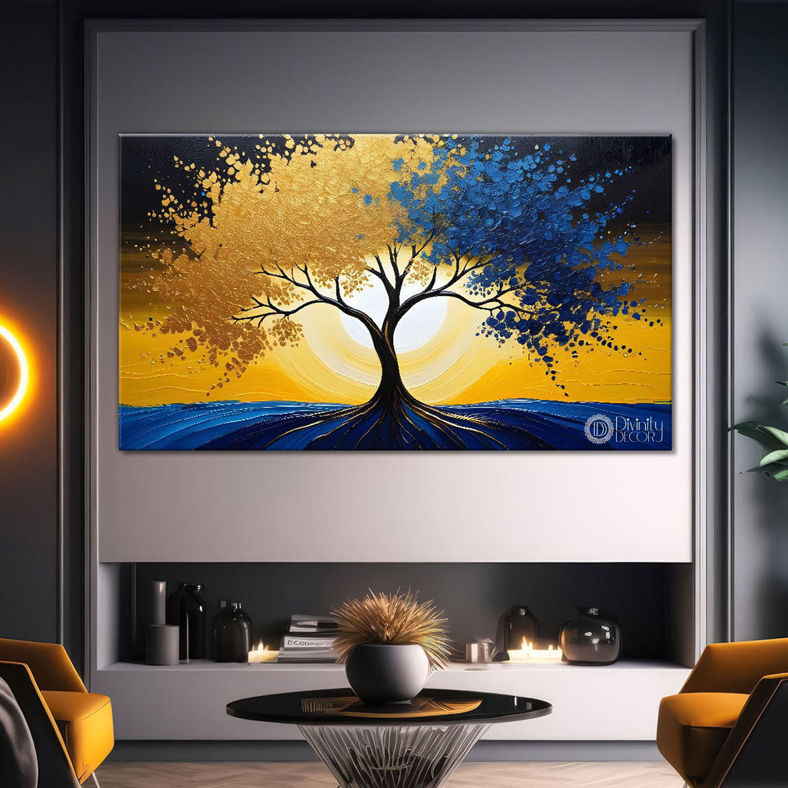 Tree in golden and blue textured modern art Canvas Painting - Design - Tree-33