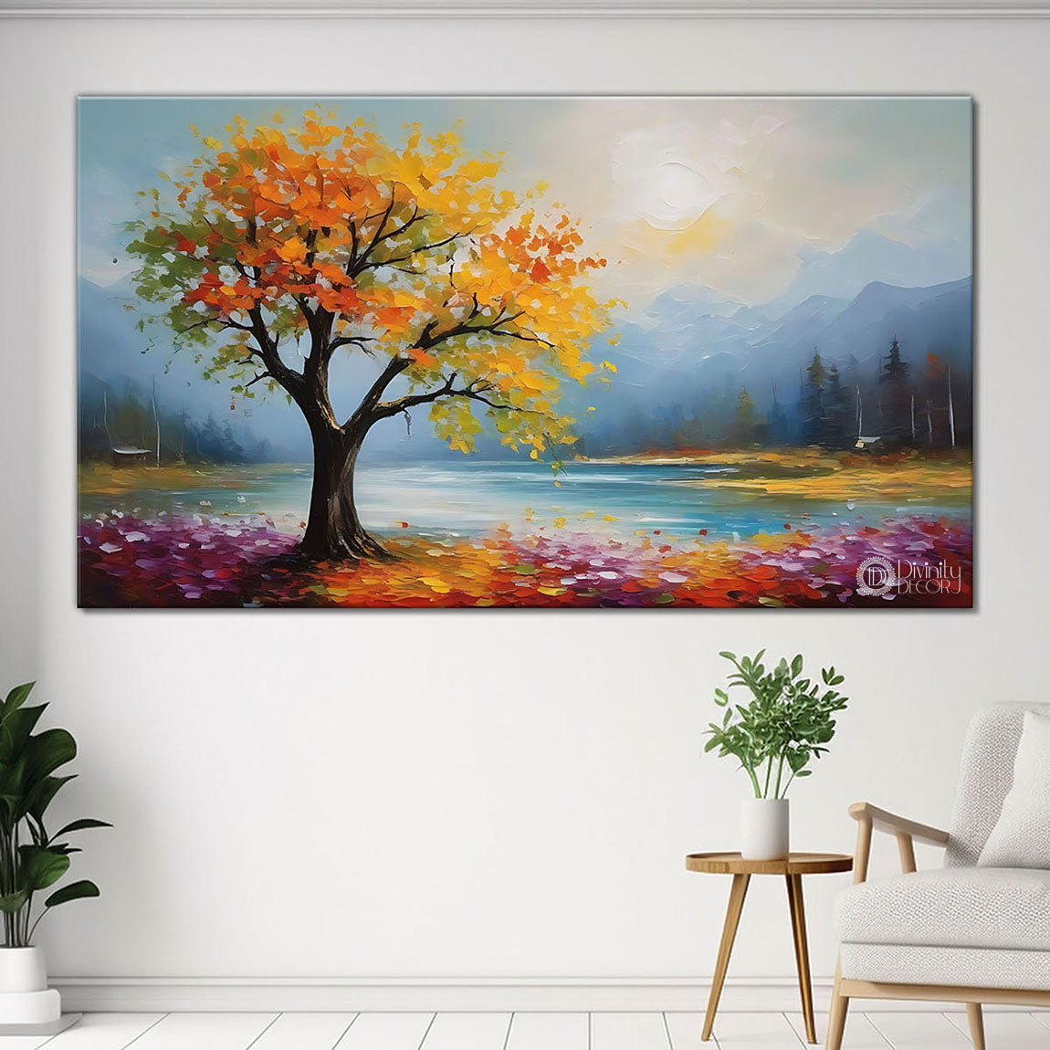 Yellow tree with lake and colorful flowers Canvas Painting - Nature Art -33