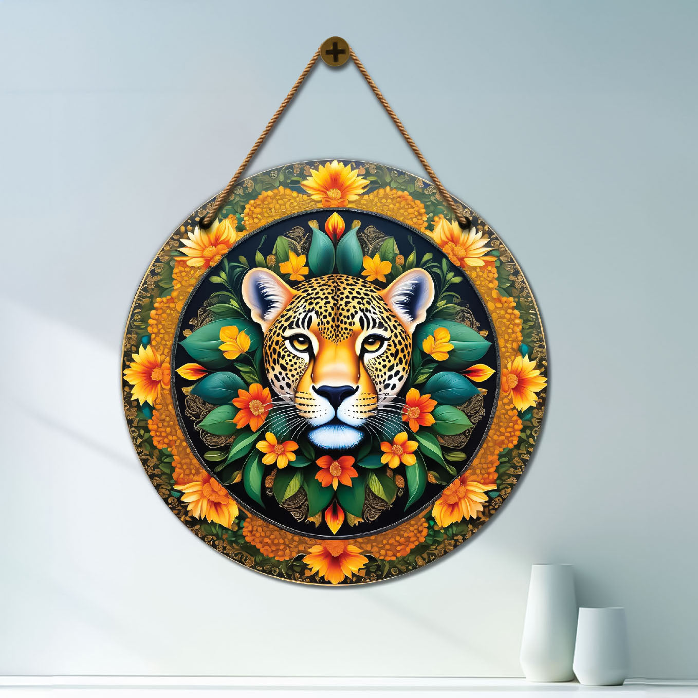 Tiger in green and orange mandala Round Wooden Wall Hanging for wall Décor - Design - 33