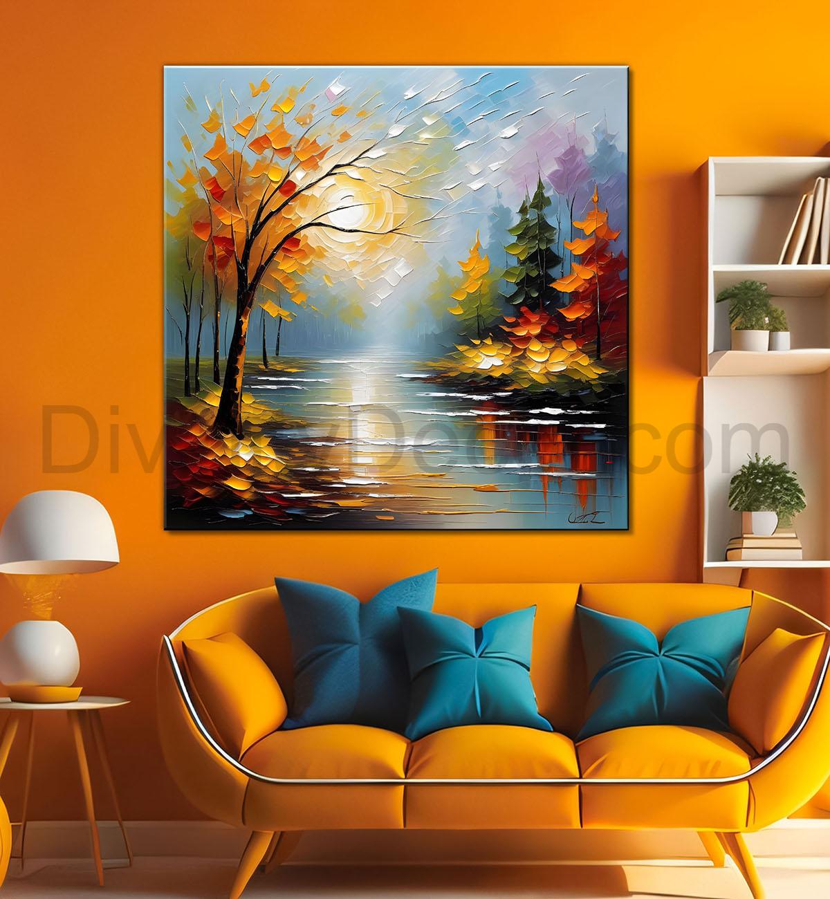 Orange tree with lake in textured natural painting Canvas Painting 24X24- Nature Art -S-33