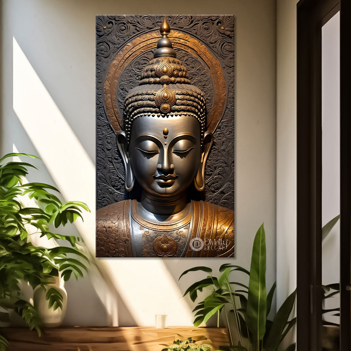 Golden buddha face with grey background textured painting - Buddha-V-34