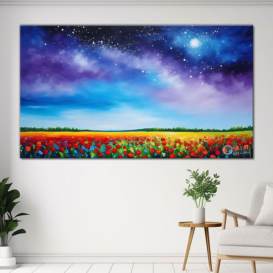 Beautiful blue sky with flowers field in textured natural art Canvas Painting - Nature Art -34