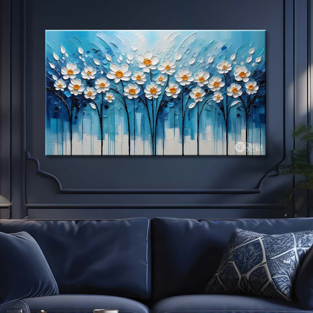 White flowers with blue textured painting- Design - Flower-34