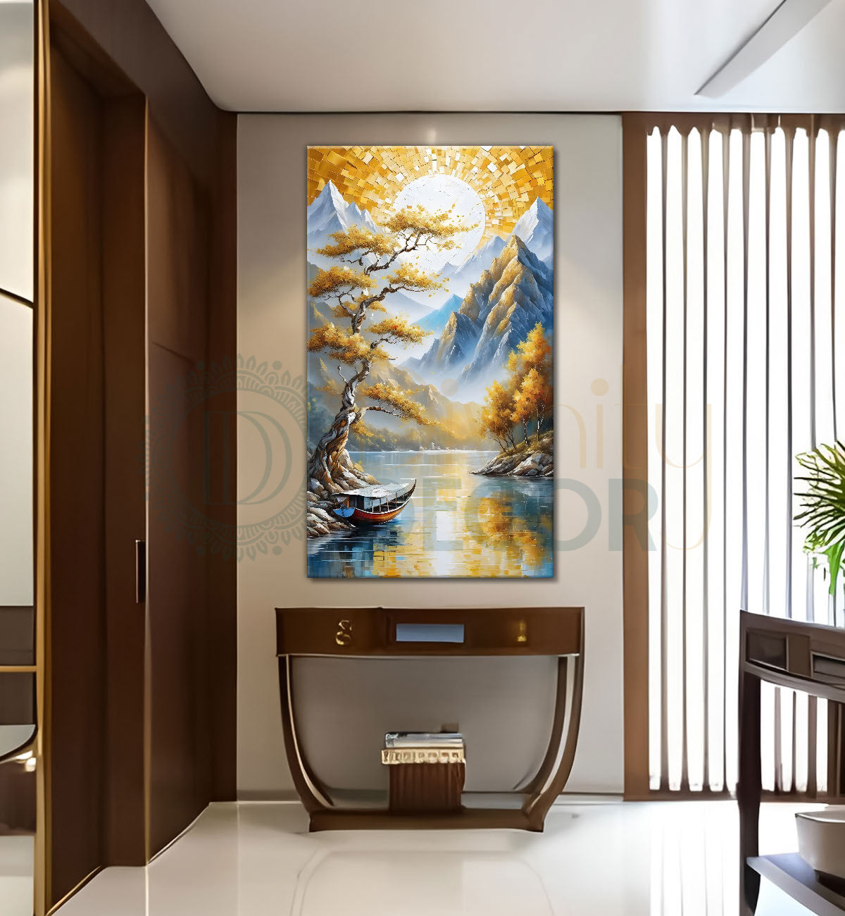 Golden trees with lake and white mountains textured painting Canvas Painting - Nature Art -V-34