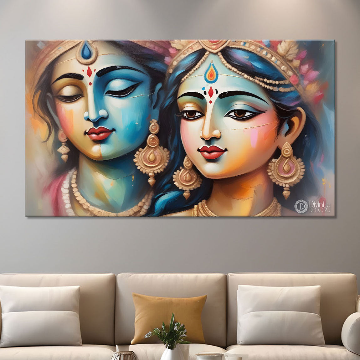 Radha and Krishna face in light textured painting Canvas Painting - Design - Krishna-34