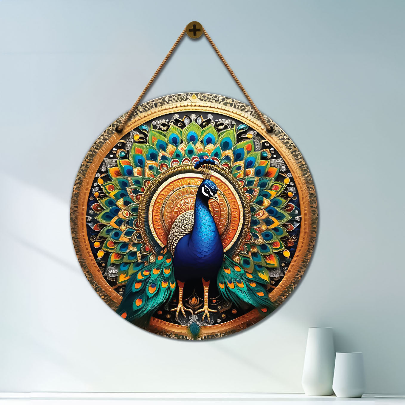 Peacock in green and golden mandala Round Wooden Wall Hanging for wall Décor - Design - 34