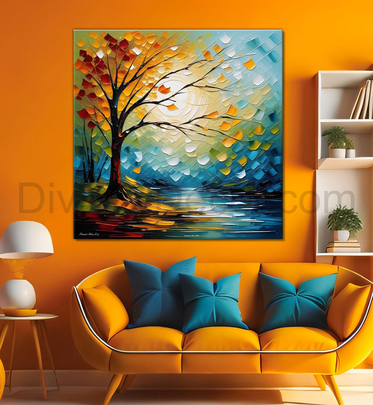 Colourful tree with lake in textured natural art painting Canvas Painting 24X24 - Nature Art -S-34