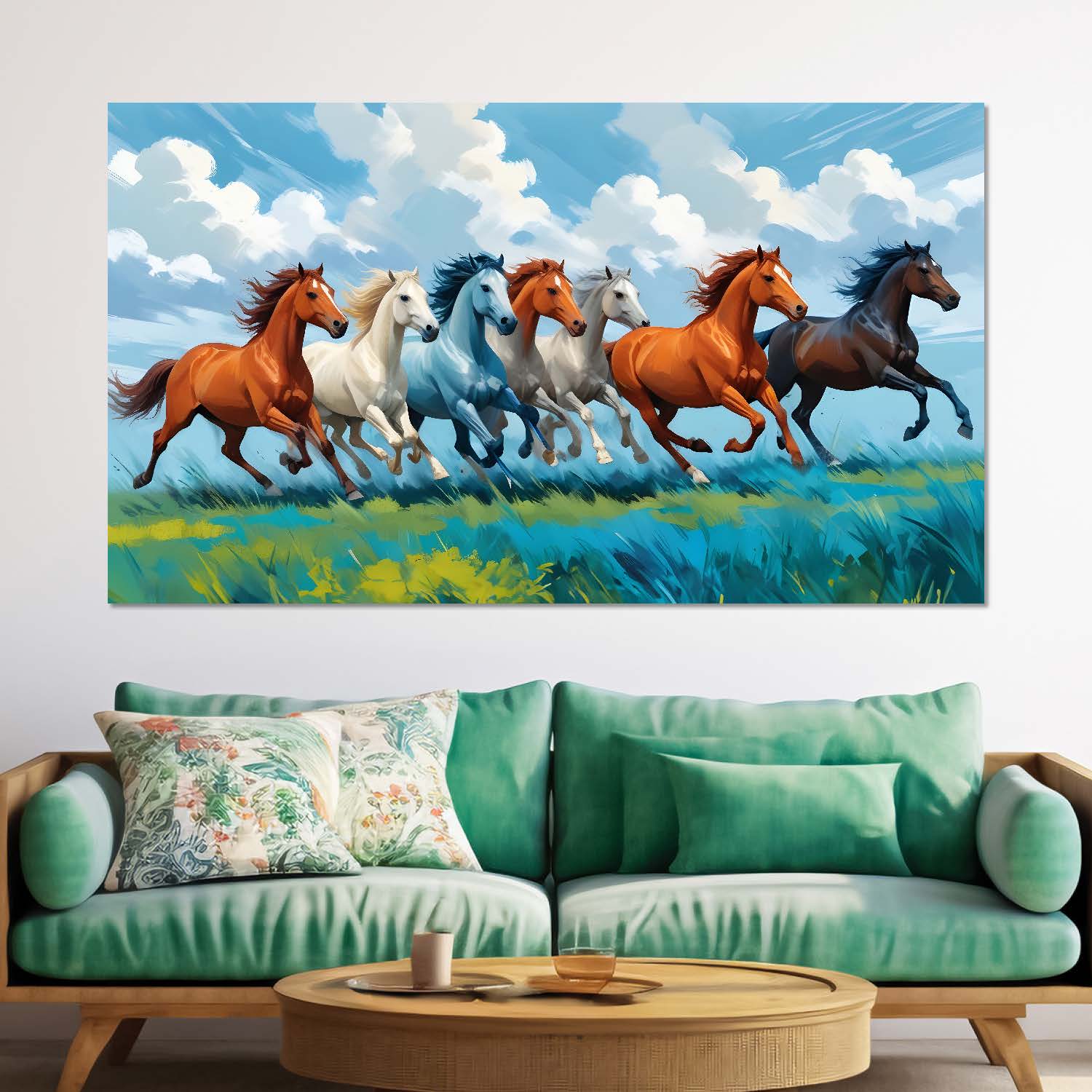 Brown, white and blue running horses on the field with cloudy and sky blue textured background art Canvas Painting - Design - Horse-34