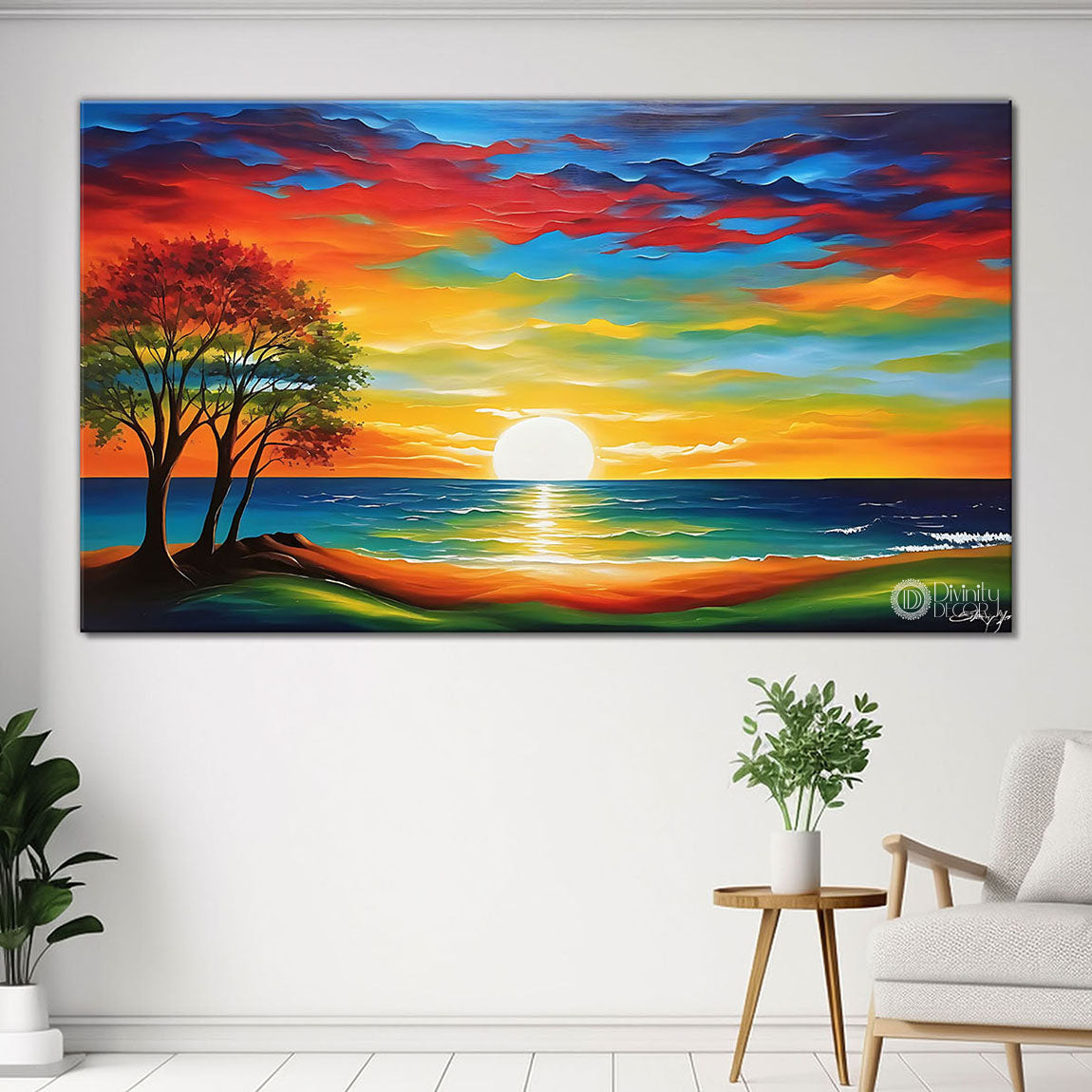 Sunrise view with sea and tree in textured natural art Canvas Painting - Nature Art -35
