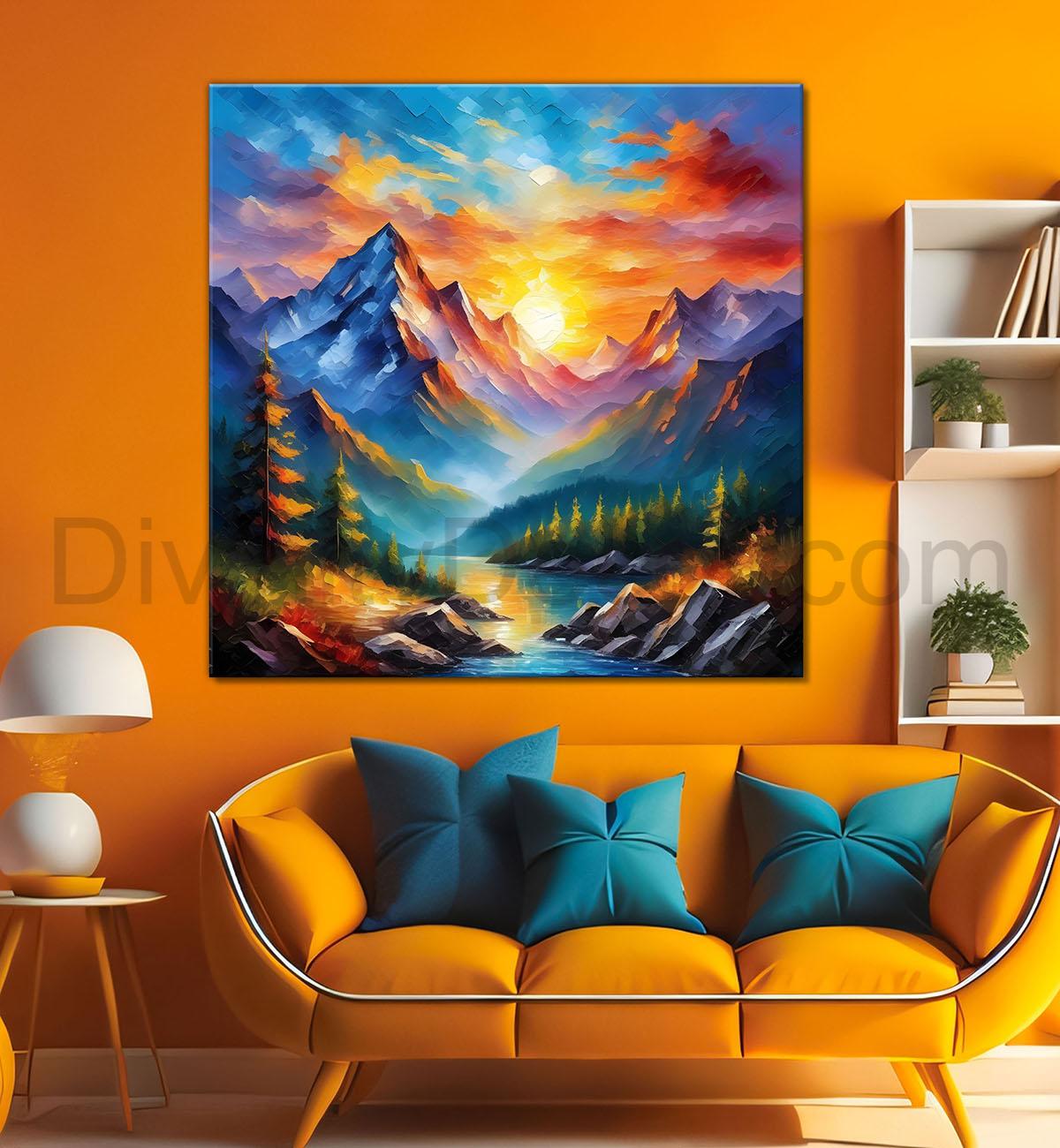 Colourful mountains in sunset natural painting Canvas Painting 24X24- Nature Art -S-35