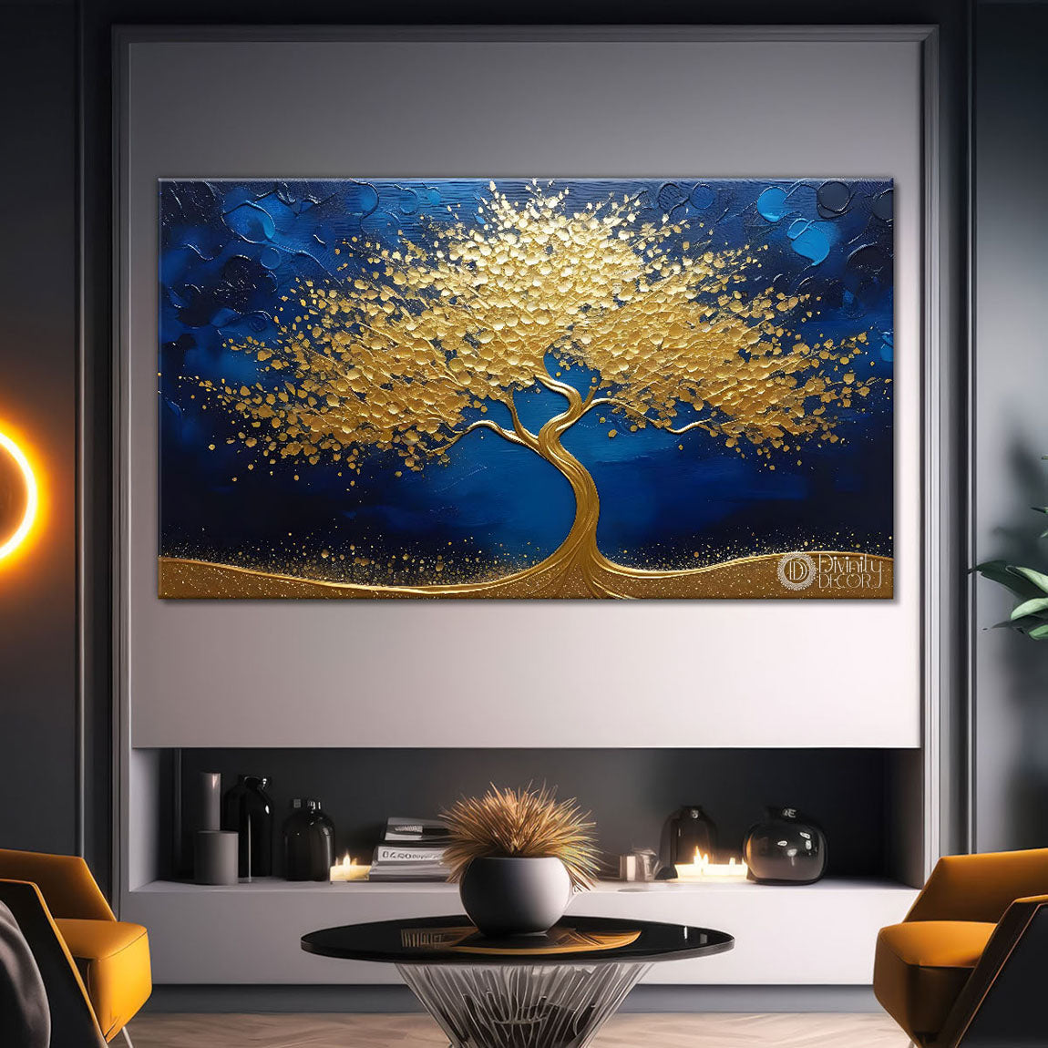 Golden tree in blue background textured modern art Canvas Painting - Design - Tree-35