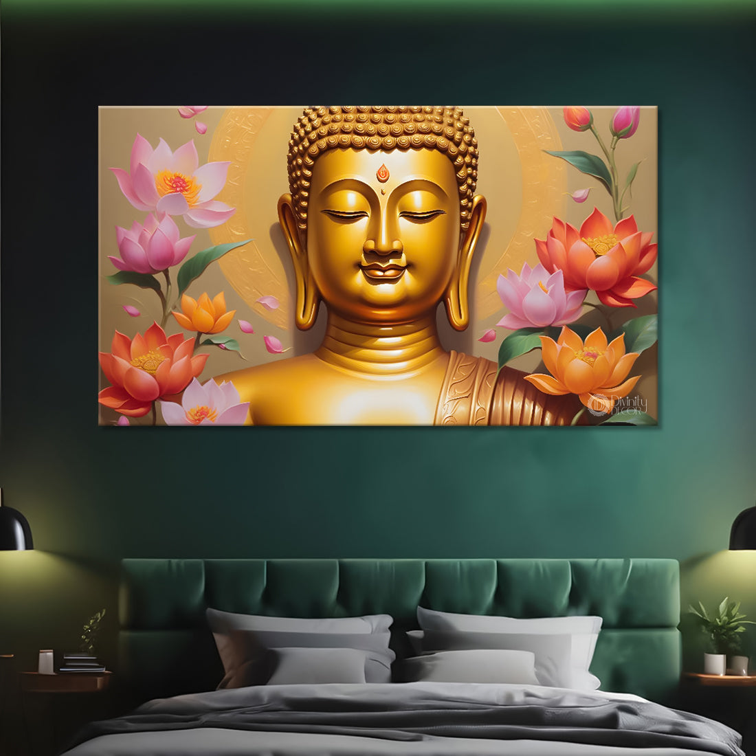 Golden buddha with lotus textured painting Canvas Wall Painting - Buddha-35