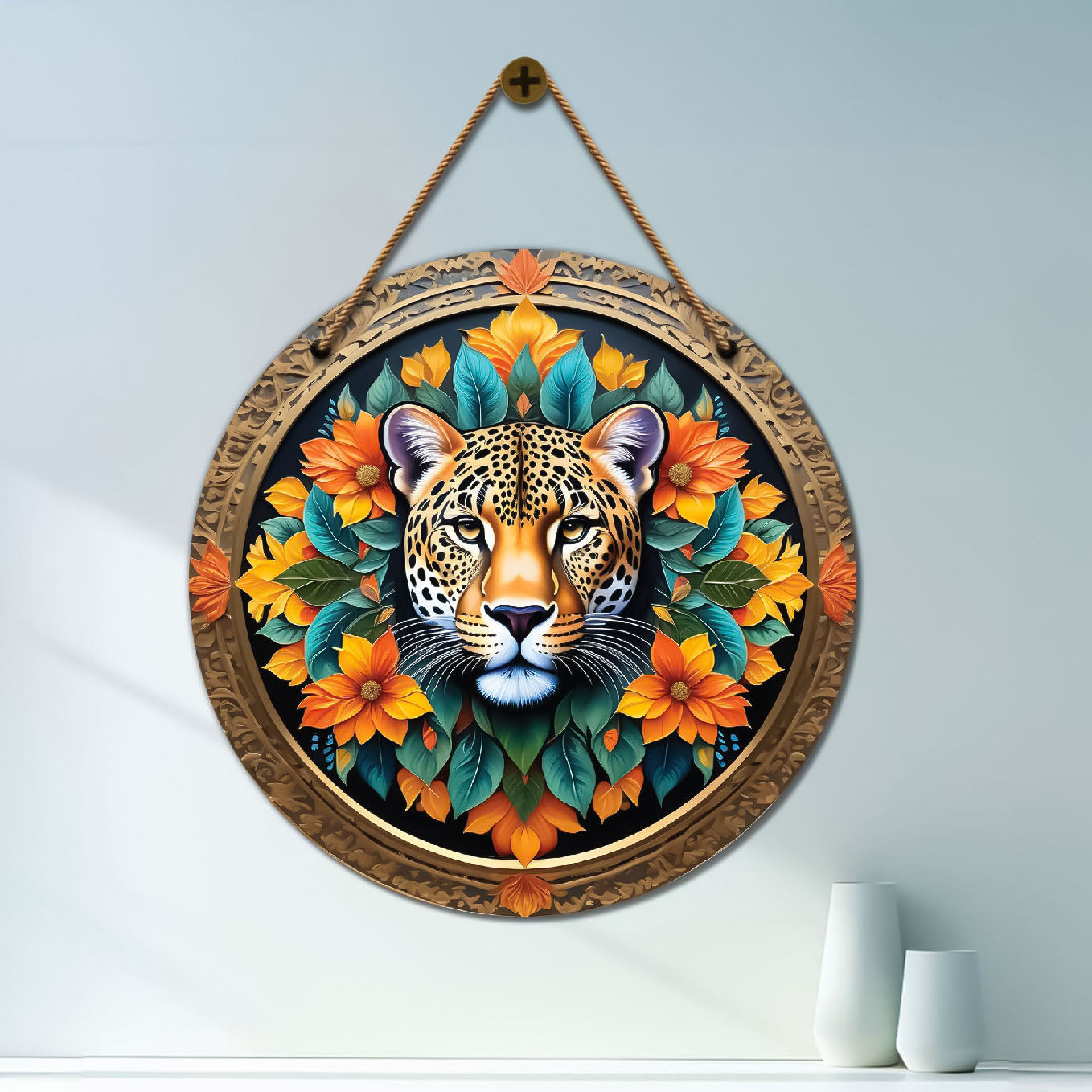 Tiger in green and orange mandala Round Wooden Wall Hanging for wall Décor - Design - 35