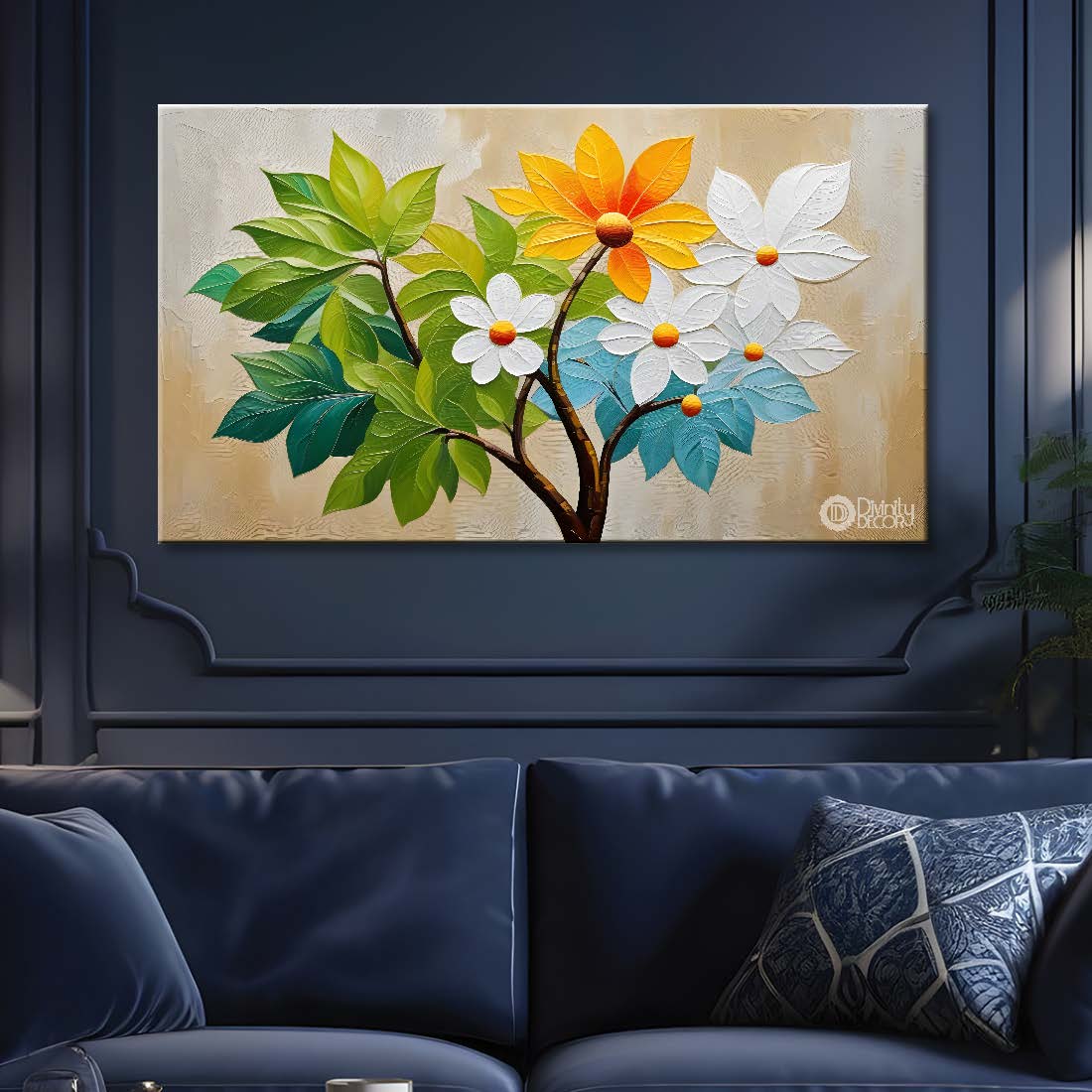 White flowers with green leaves textured painting- Design - Flower-35