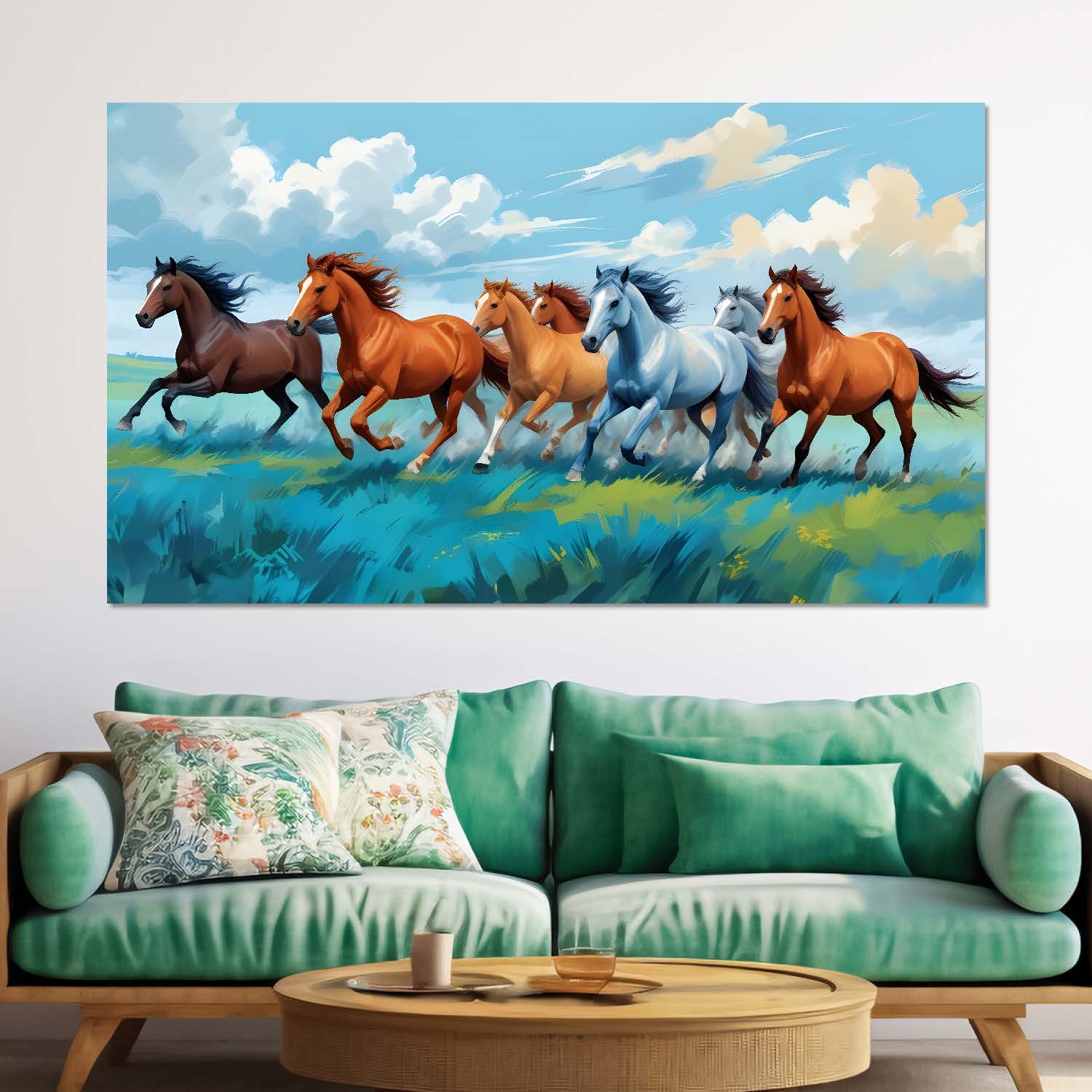 Brown, white and blue running horses on the field with cloudy and sky blue textured background art Canvas Painting - Design - Horse-35