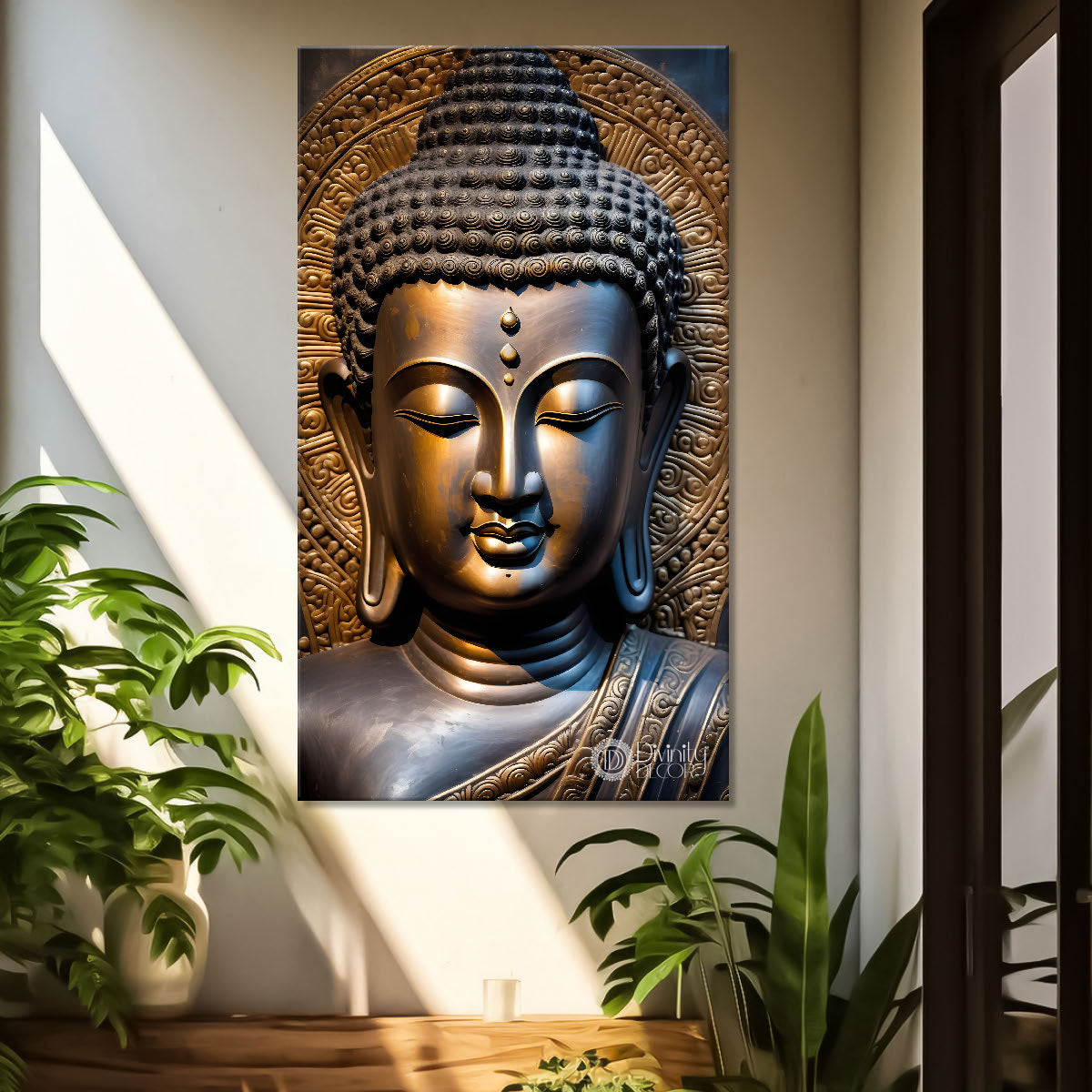 Golden buddha face with grey background textured painting - Buddha-V-35