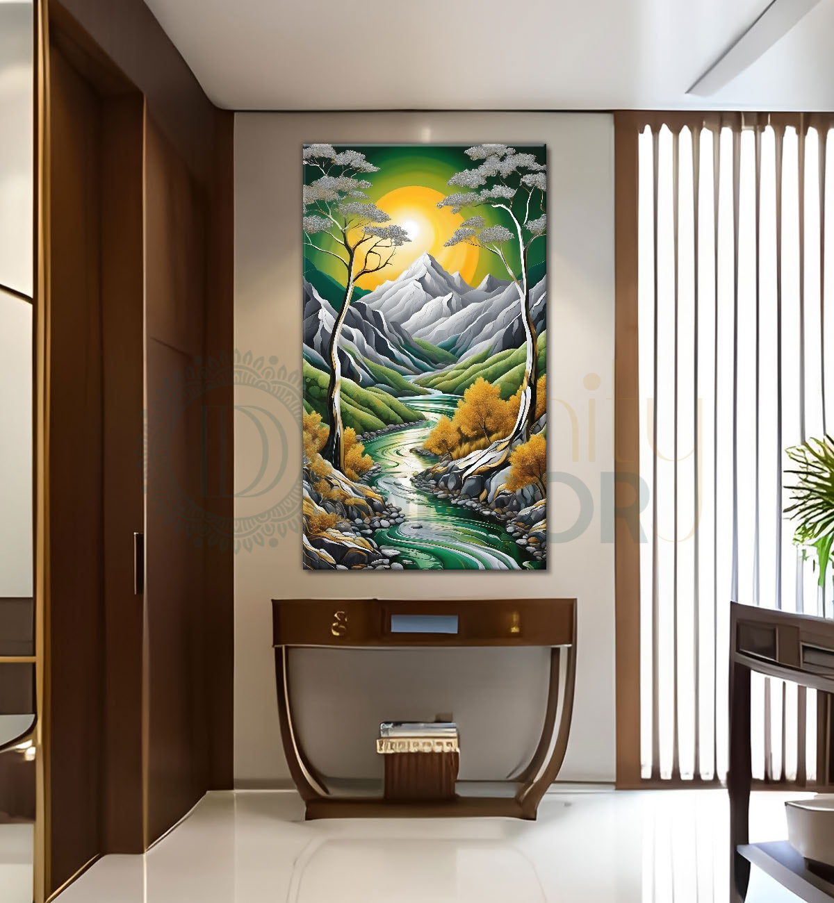 Grey mountains with trees in green background with sunrise textured painting Canvas Painting - Nature Art -V-36