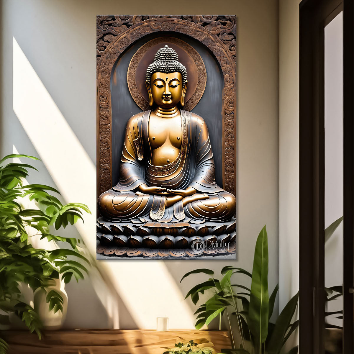 Golden buddha with grey background textured painting - Buddha-V-36