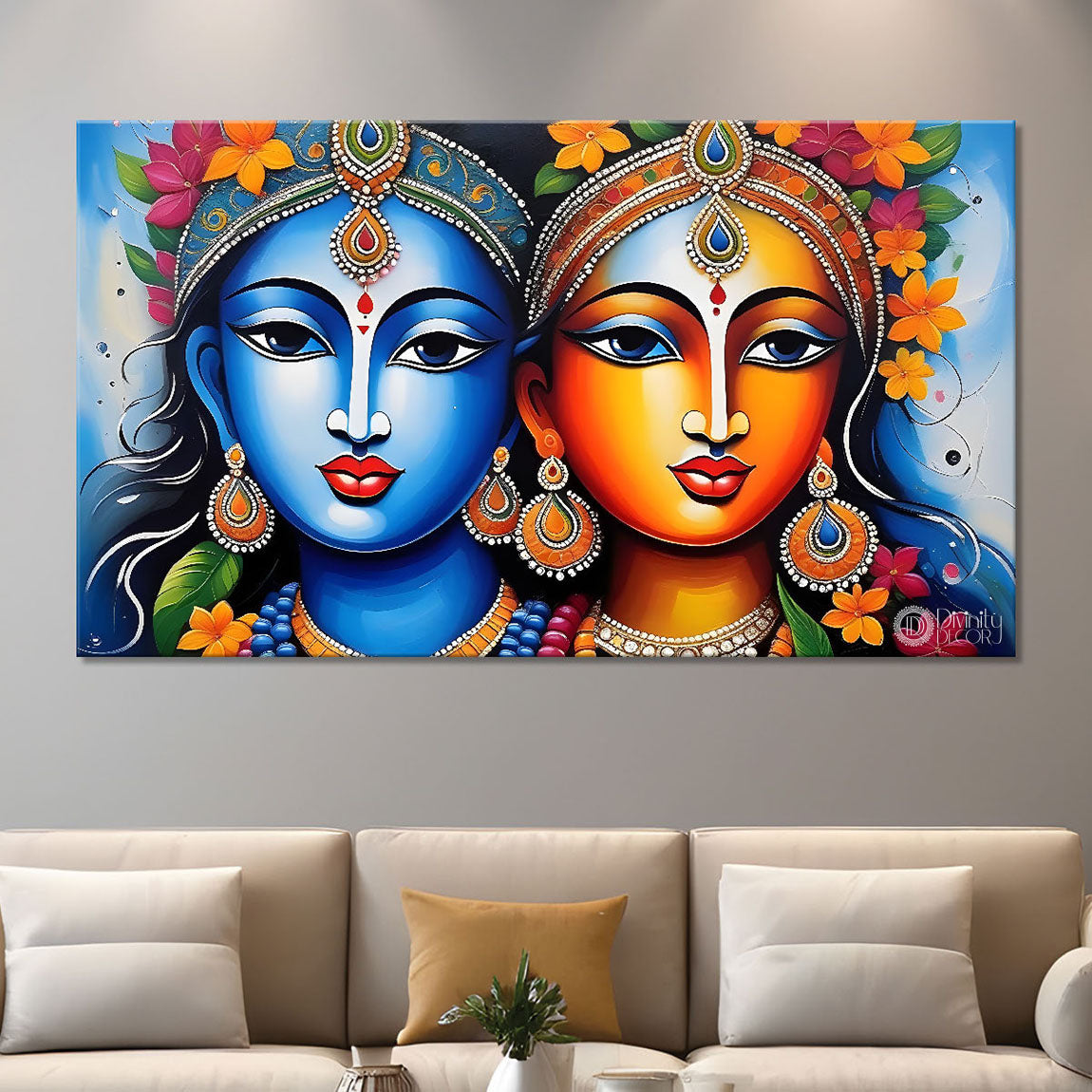 Blue face Krishna and Radha in bright textured painting Canvas Painting - Design - Krishna-36