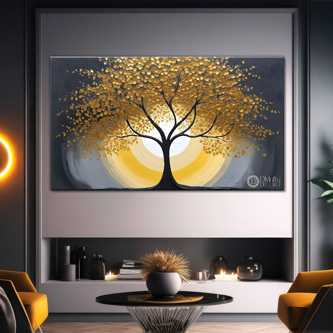 Golden tree in grey background textured modern art Canvas Painting - Design - Tree-36