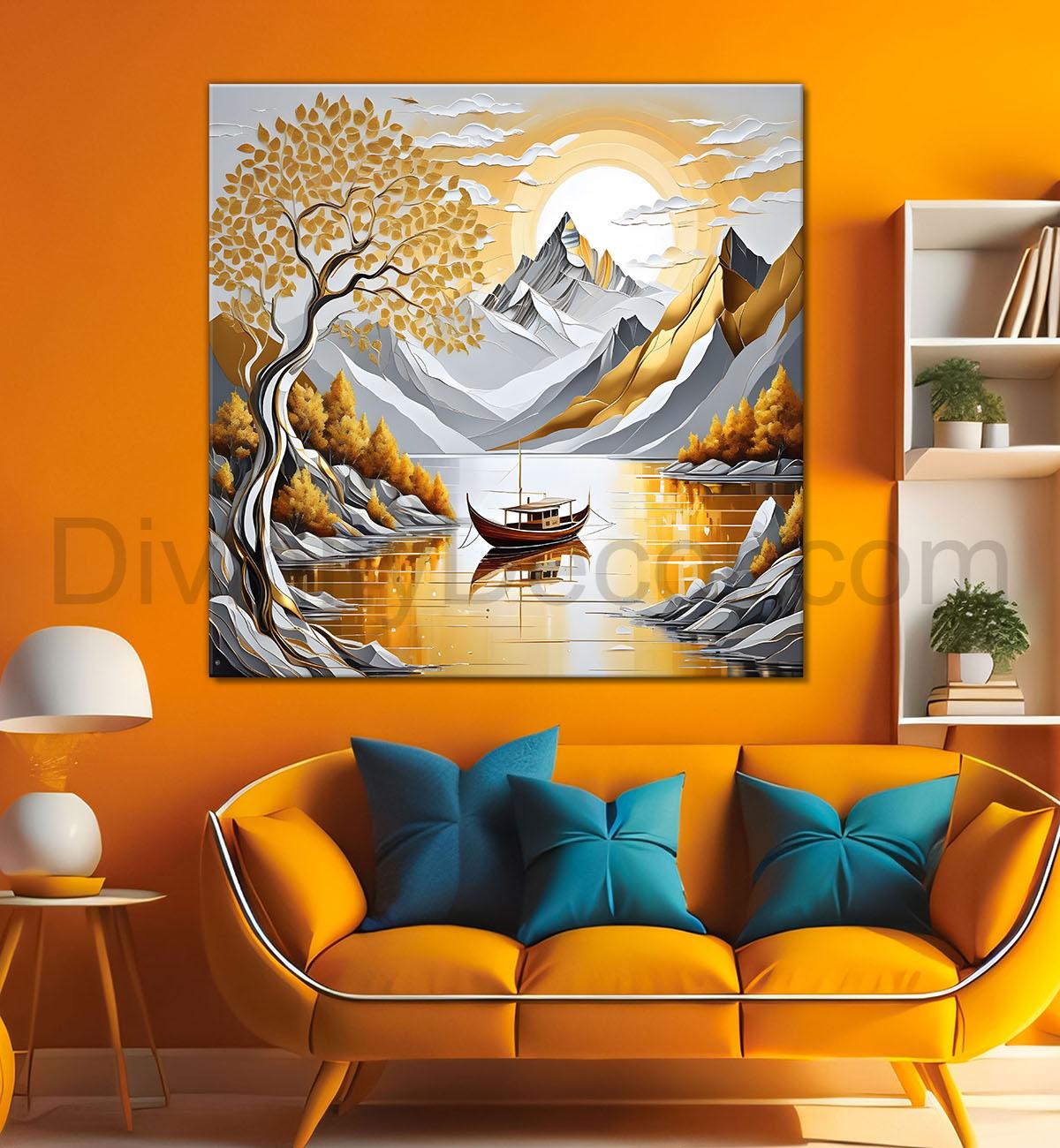 Golden tree with river and mountains in light background painting Canvas Painting 24X24 - Nature Art -S-36