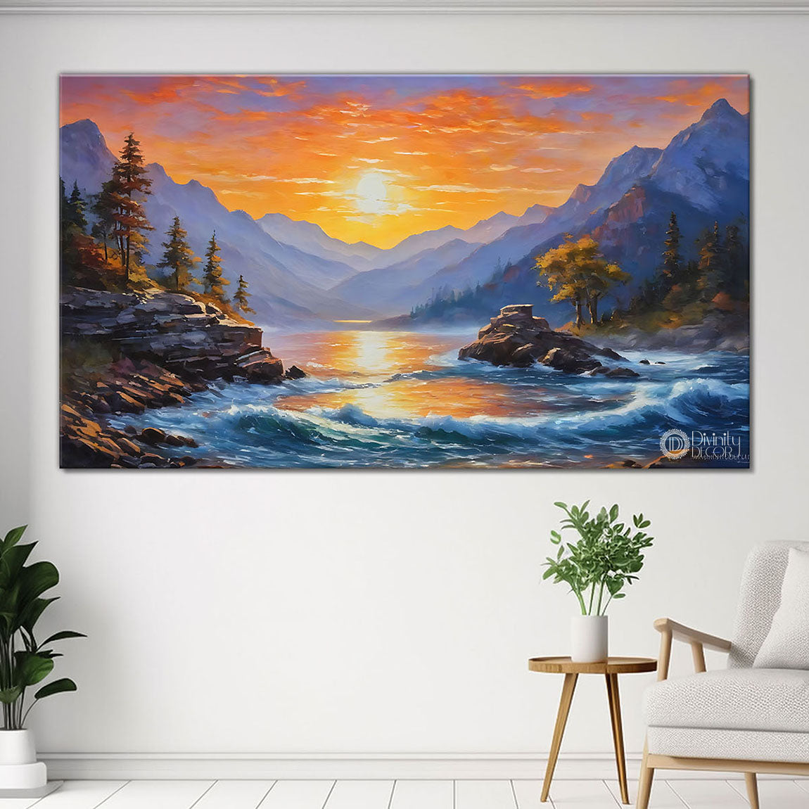 Mountains with river and trees in sunrise view in textured natural art Canvas Painting - Nature Art -36