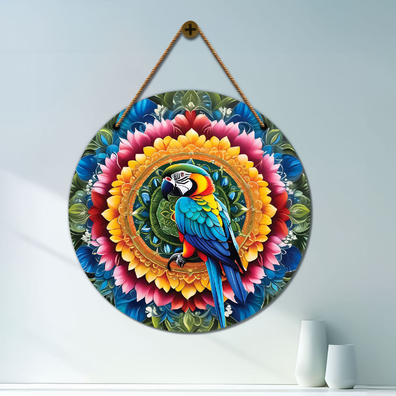 Peacock in orange and blue mandala Round Wooden Wall Hanging for wall Décor - Design - 36