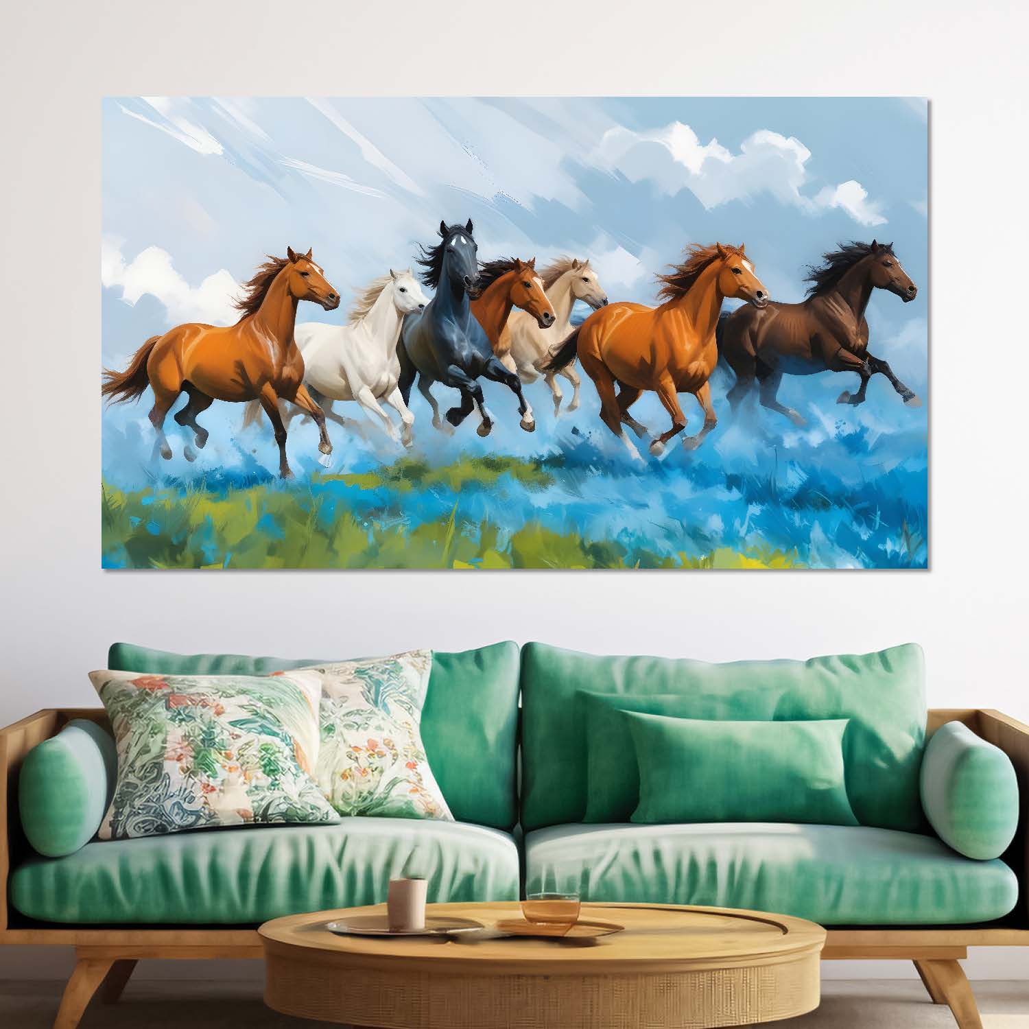 Brown, white and blue running horses on the field with cloudy and sky blue textured background art Canvas Painting - Design - Horse-36
