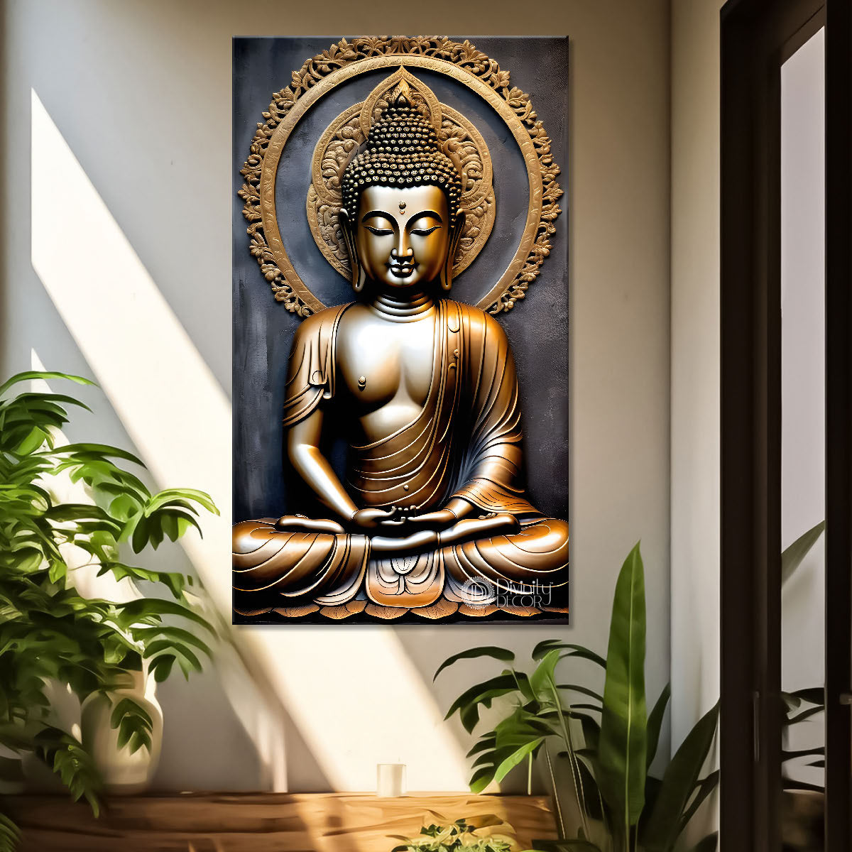 Golden buddha with grey background textured painting - Buddha-V-37