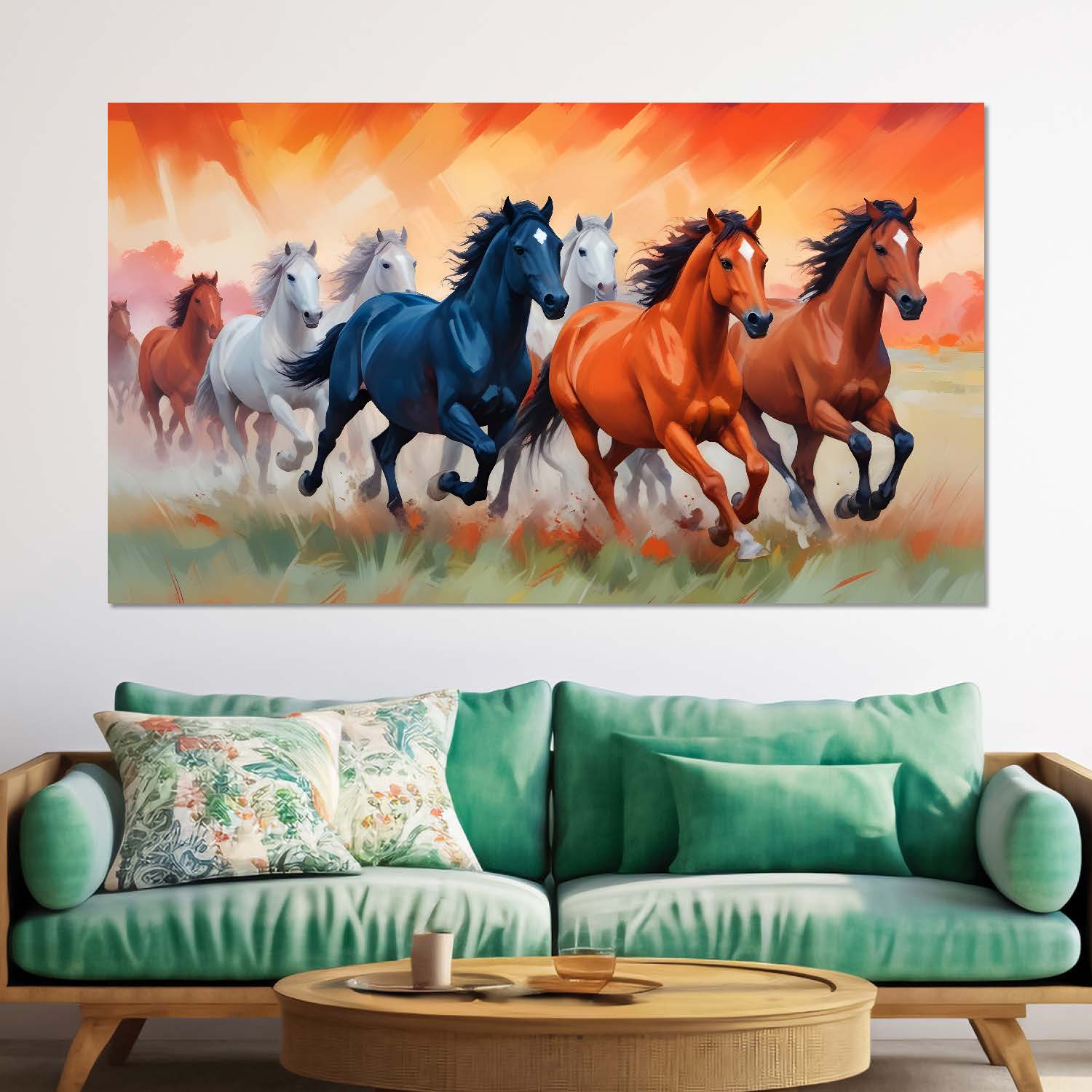Brown, white and blue running horses on the field in orange textured background art Canvas Painting - Design - Horse-37