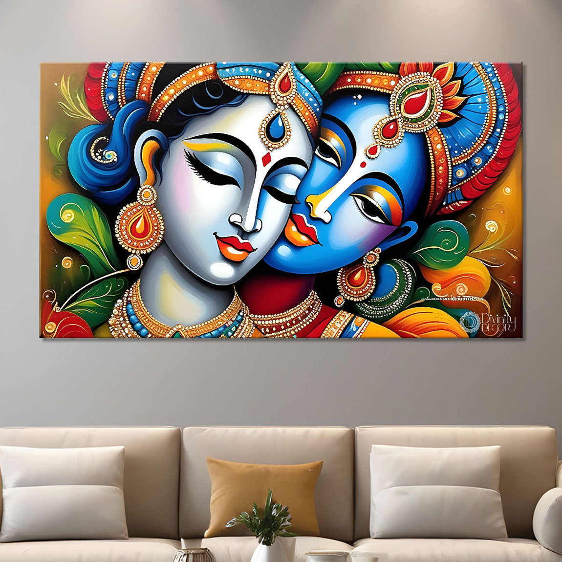 Blue face Krishna and Radha in bright textured painting Canvas Painting - Design - Krishna-37