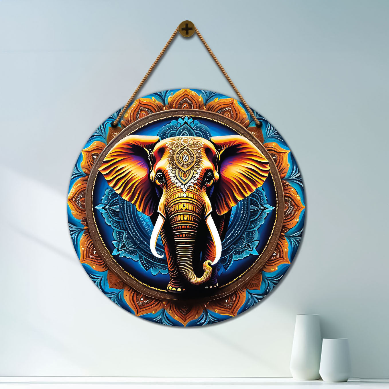Elephant in blue and brown mandala Round Wooden Wall Hanging for wall Décor - Design - 37