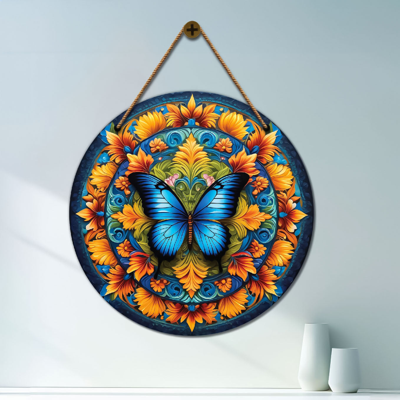 Blue butterfly in orange and green mandala s Round Wooden Wall Hanging for wall Décor - Design - 38