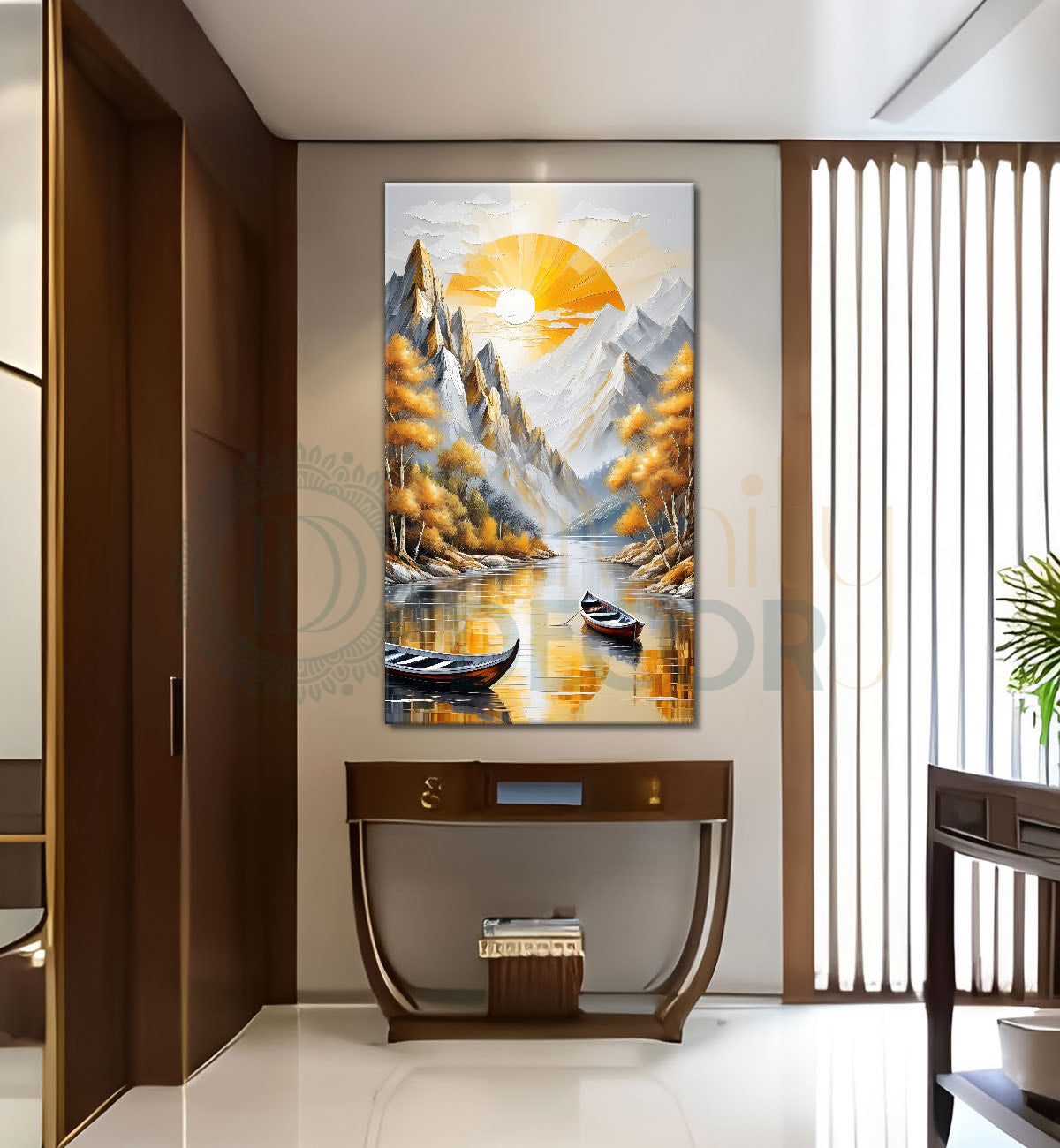 Yellow trees with lake and white mountains textured painting Canvas Painting - Nature Art -V-38