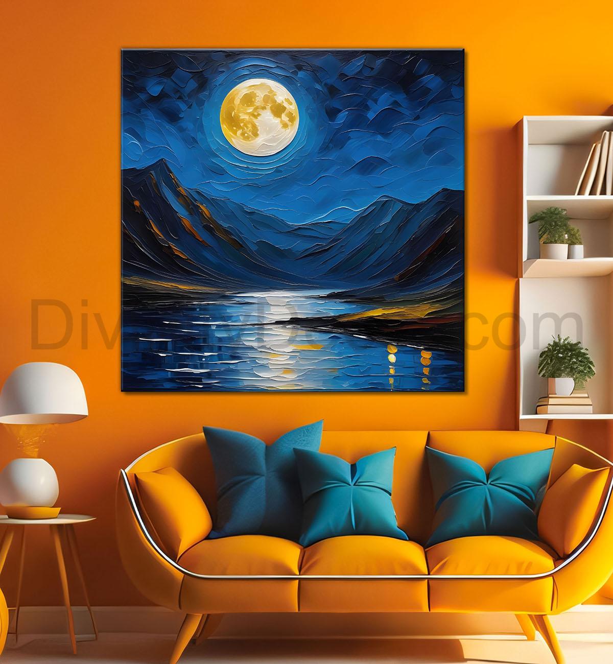 Mountians with moon and lake in night background painting Canvas Painting 24X24- Nature Art -S-38