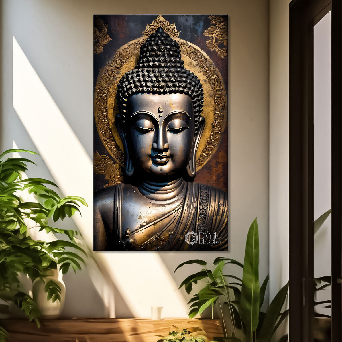 Golden buddha face with grey background textured painting - Buddha-V-38