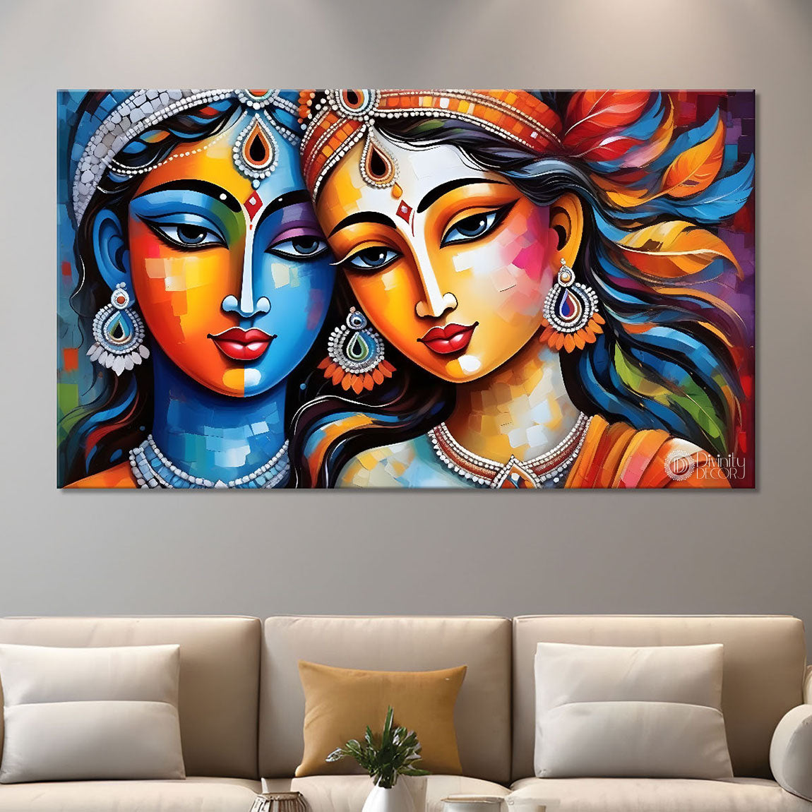 Blue face Krishna and Radha in bright textured painting Canvas Painting - Design - Krishna-38