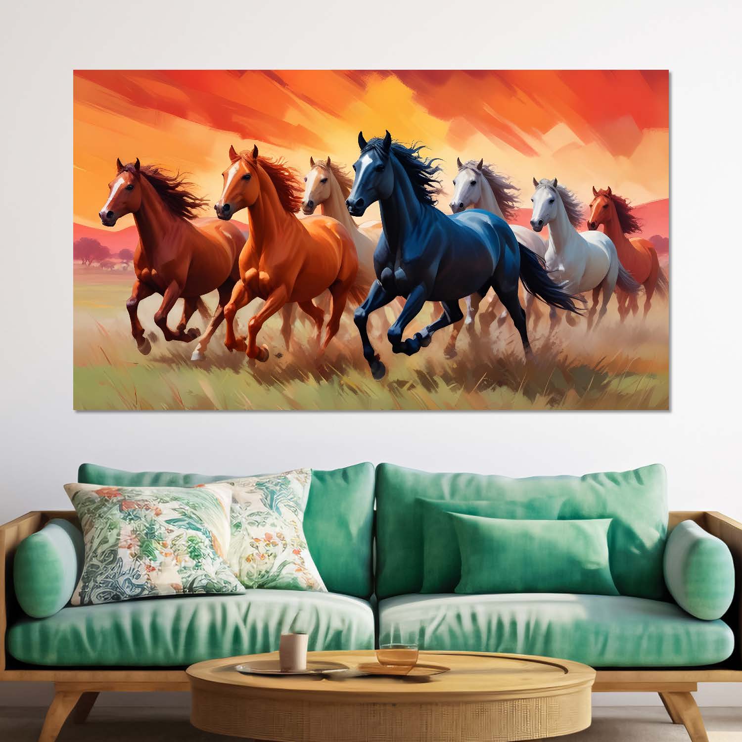 Brown, white and blue running horses on the field in orange textured background art Canvas Painting - Design - Horse-38