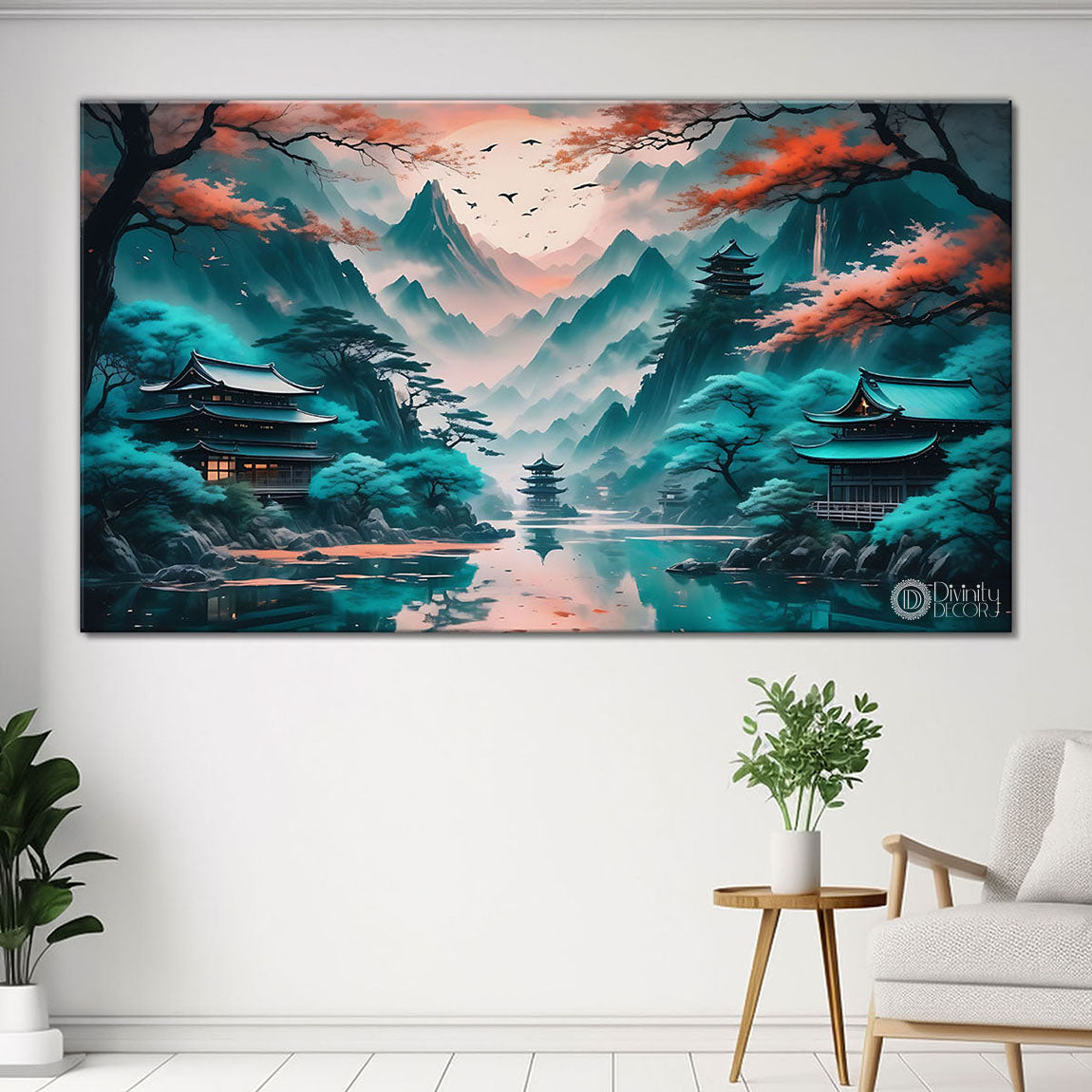 Mountains with river and orange trees in aqua green background textured natural art Canvas Painting - Nature Art -38