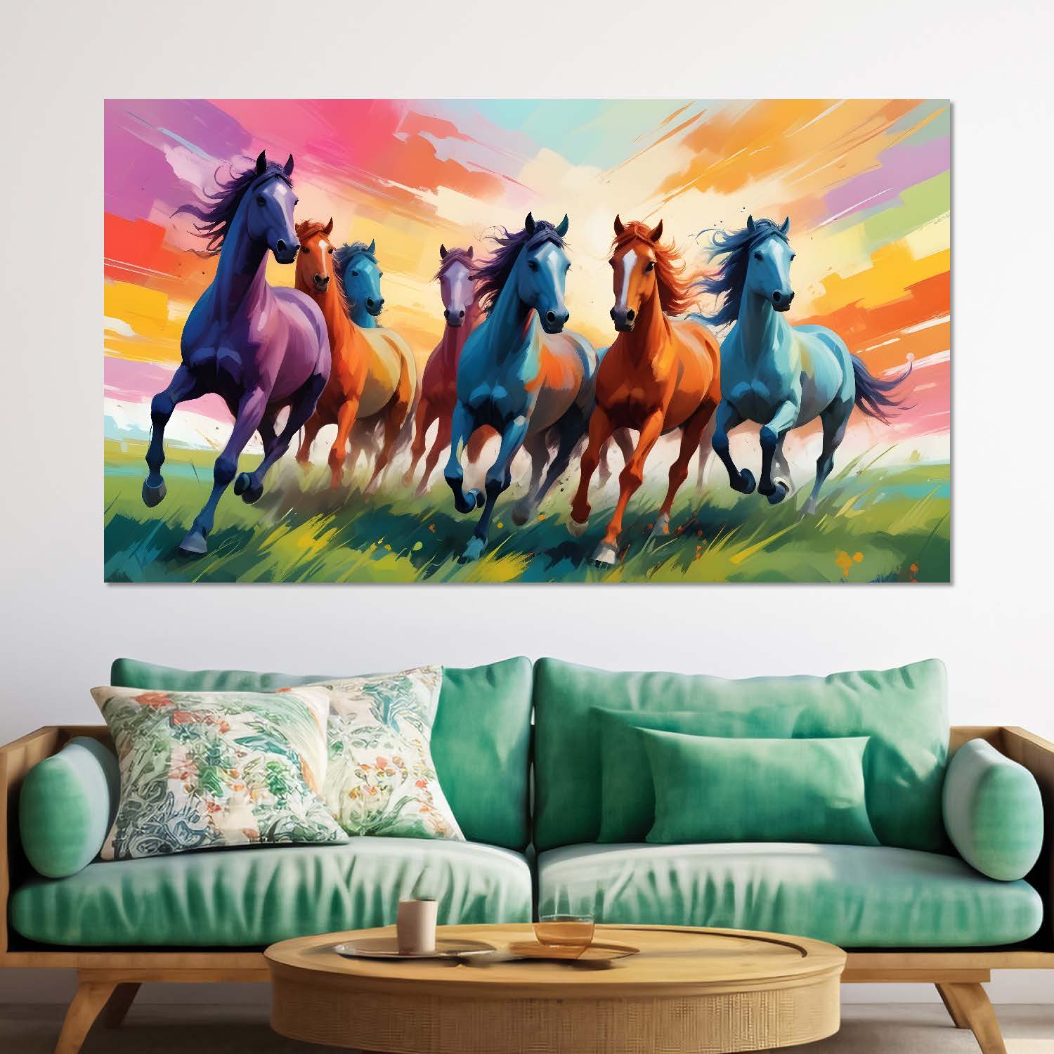 Brown, purple and blue running horses on the field in colorful textured background art Canvas Painting - Design - Horse-39