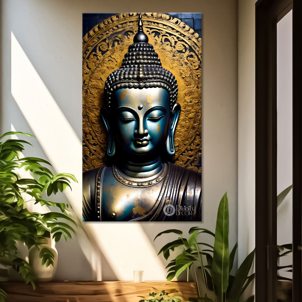 Blue buddha face with golden background textured painting - Buddha-V-39