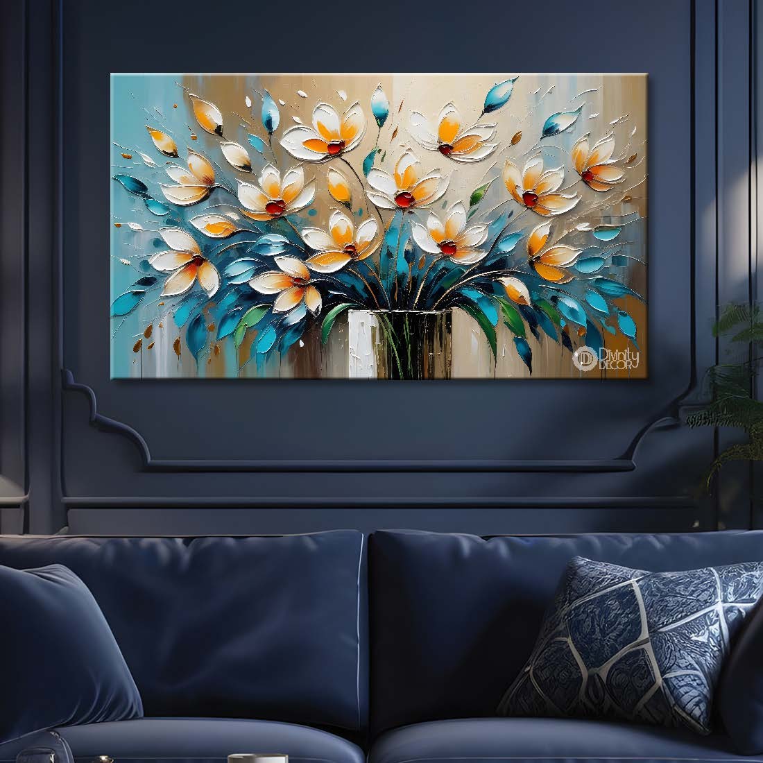 White flowers with blue textured painting- Design - Flower-39